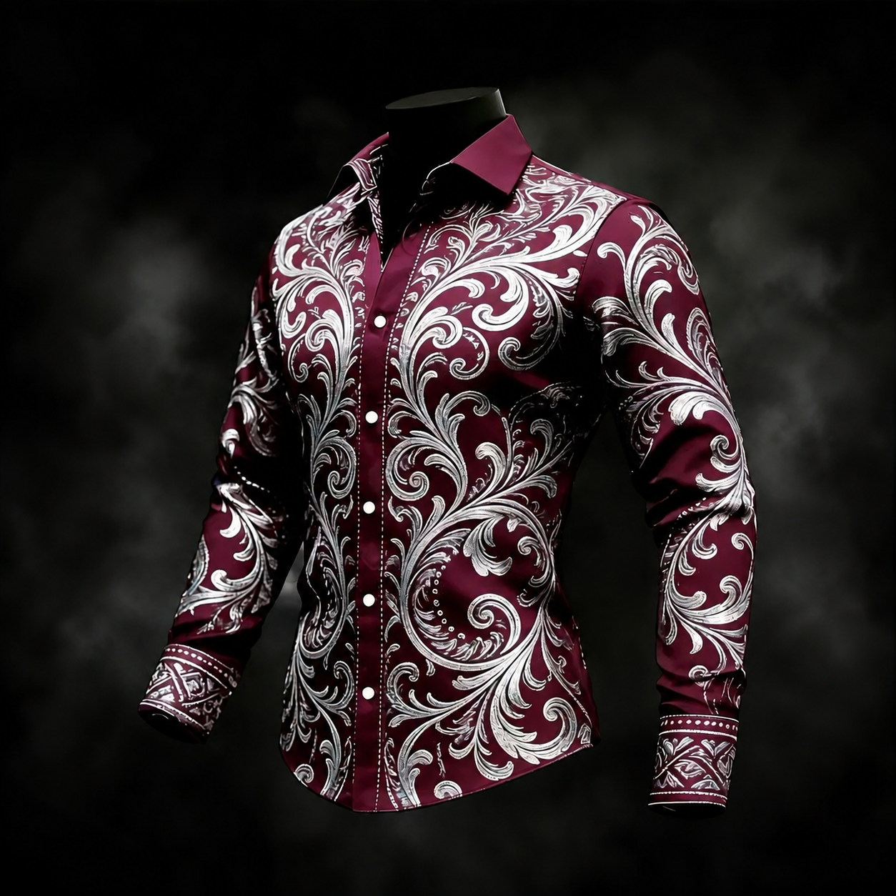 Men's Burgundy White Baroque Scroll Print Long Sleeve Button Down Shirt