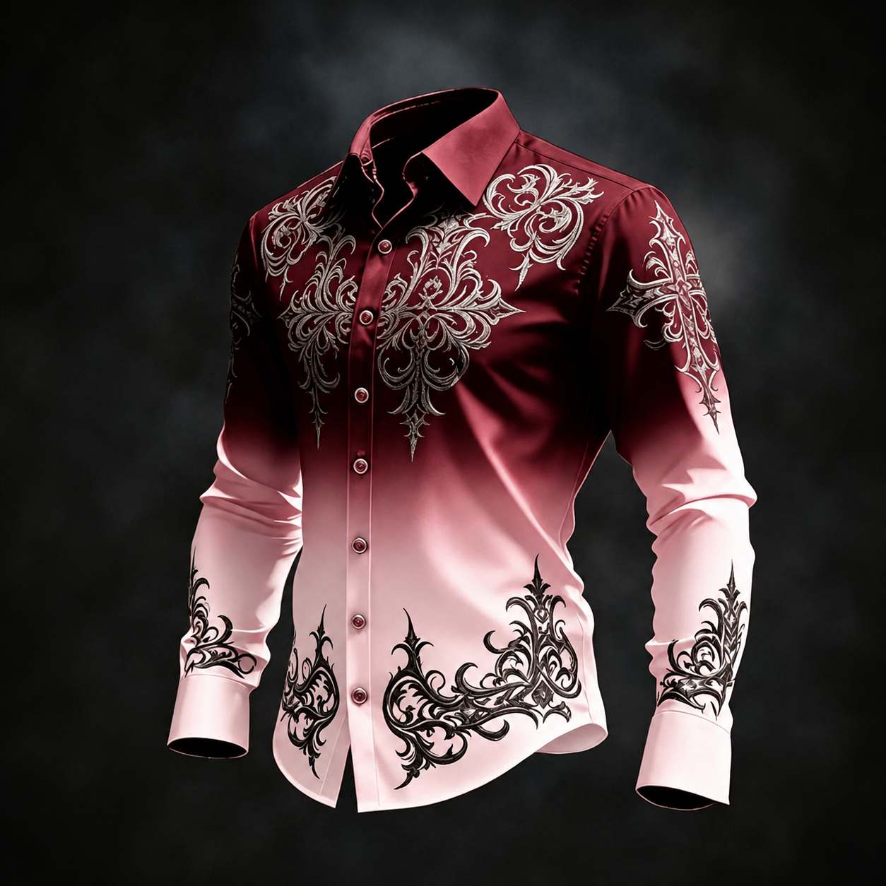 Men's Burgundy Pink Gradient Baroque Print Long Sleeve Button Down Shirt