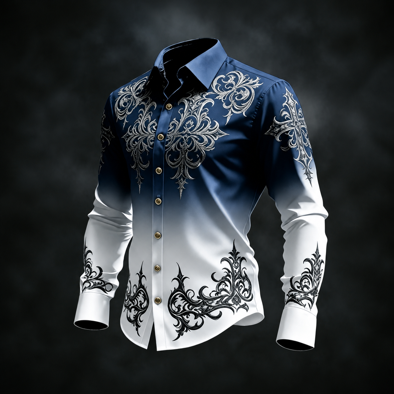 Men's Navy White Gradient Baroque Print Long Sleeve Button Down Shirt