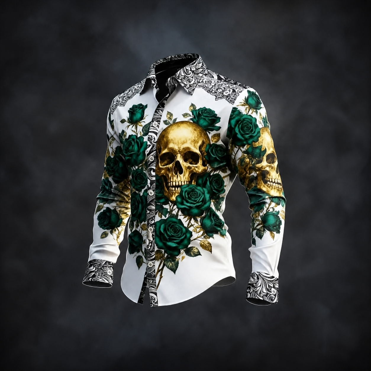 Men's White Skull Green Rose Graphic Long Sleeve Button Down Shirt