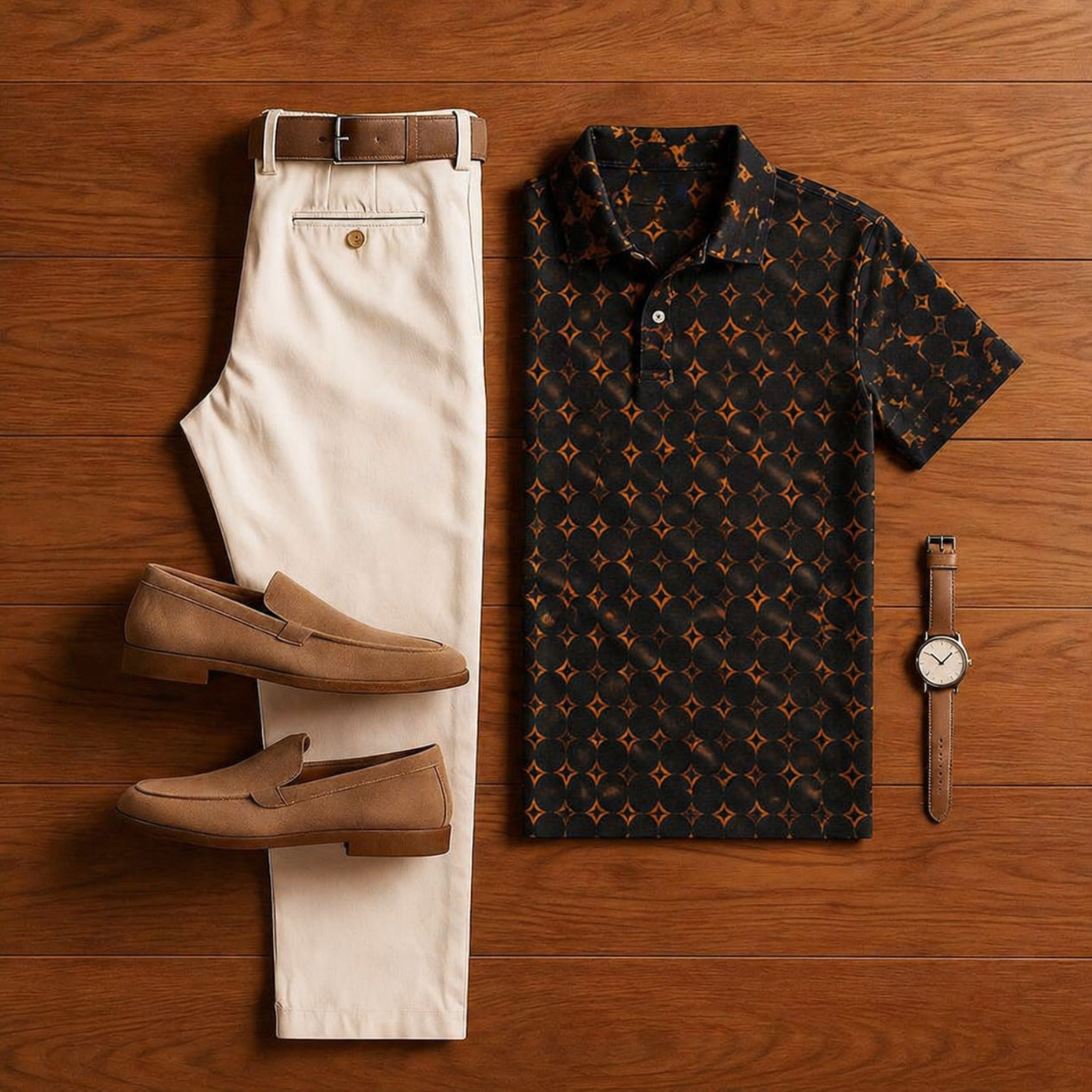 Men's casual monogram print polo shirt and trousers two-piece set