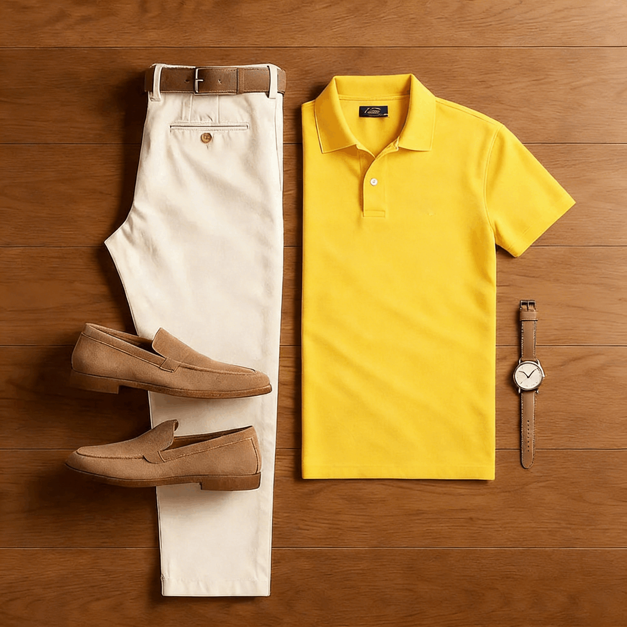 Men's Casual Yellow & Apricot Solid Color Matching Sport Short Sleeved Polo Shirt & Trousers Two-Piece Set