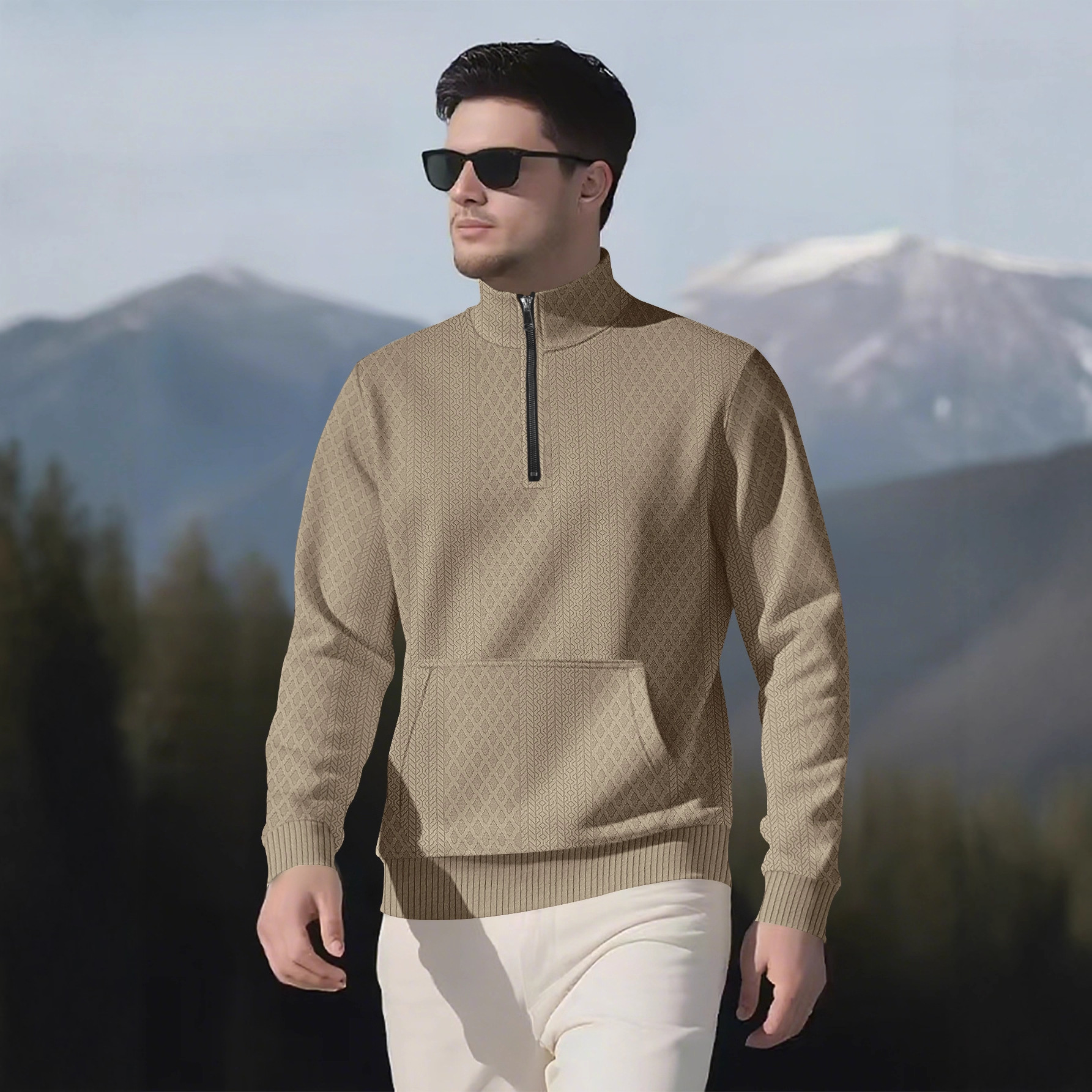 Men's Solid Color Waffle High-Neck Pocket Long Sleeved Sweatshirts