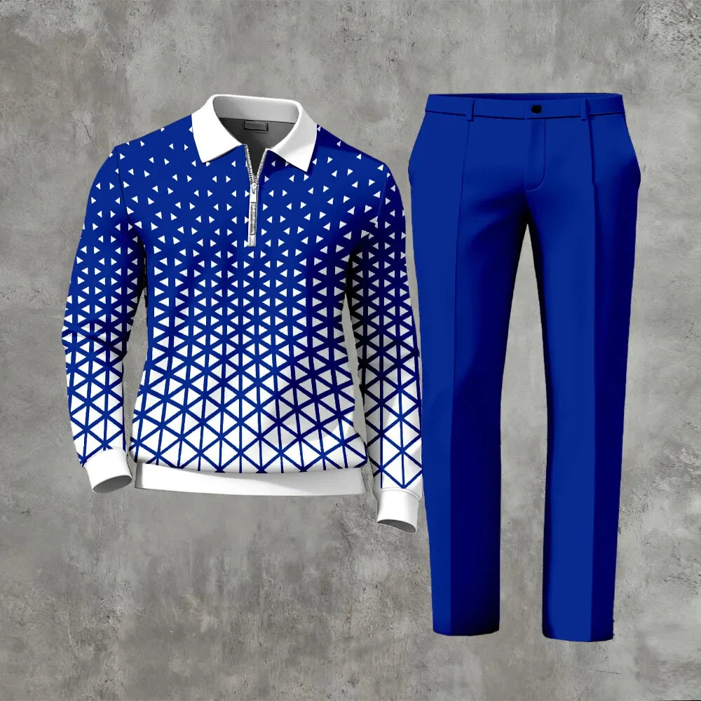 Men's  Matching Printed Polo-Collar Zipper Long Sleeved Trousers Two-Piece Set