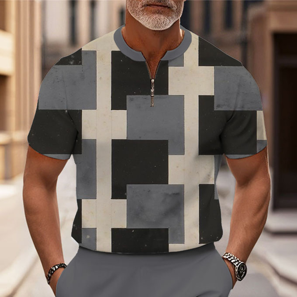 Men's Fashion Casual Round-Neck Geometric Printed Short-Sleeved Two-Piece Set