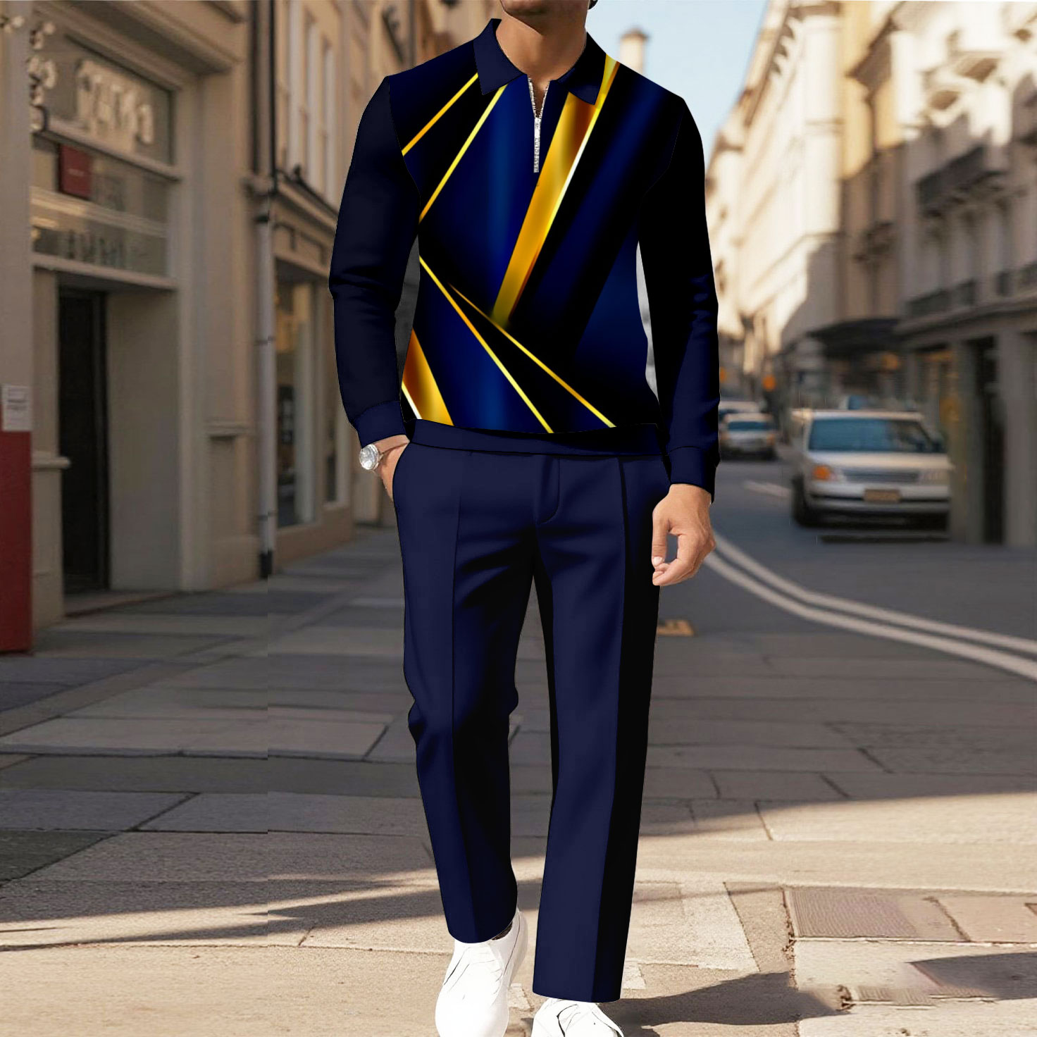 Men's Casual Color Matching Printed Polo-Collar Zipper Long Sleeved Trousers Two-Piece Set 1011