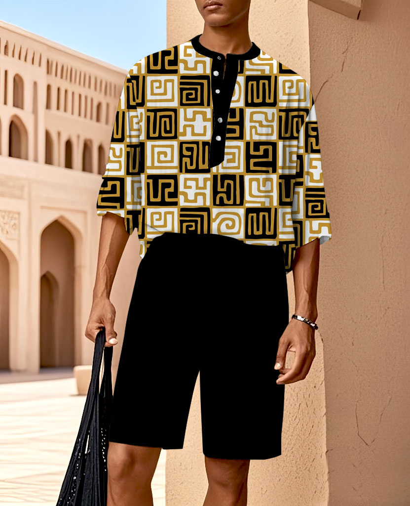 Business Casual Loose Short Sleeve Henley Collar Shirt And Elastic Waist Straight Leg Shorts Set
