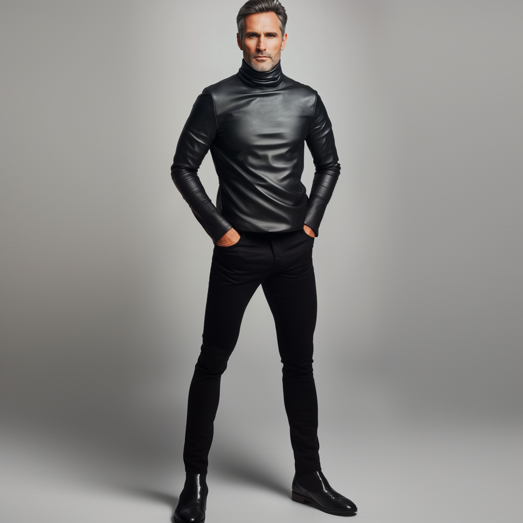 Men's Solid High Neck Long Sleeve PU Leather Base Shirt