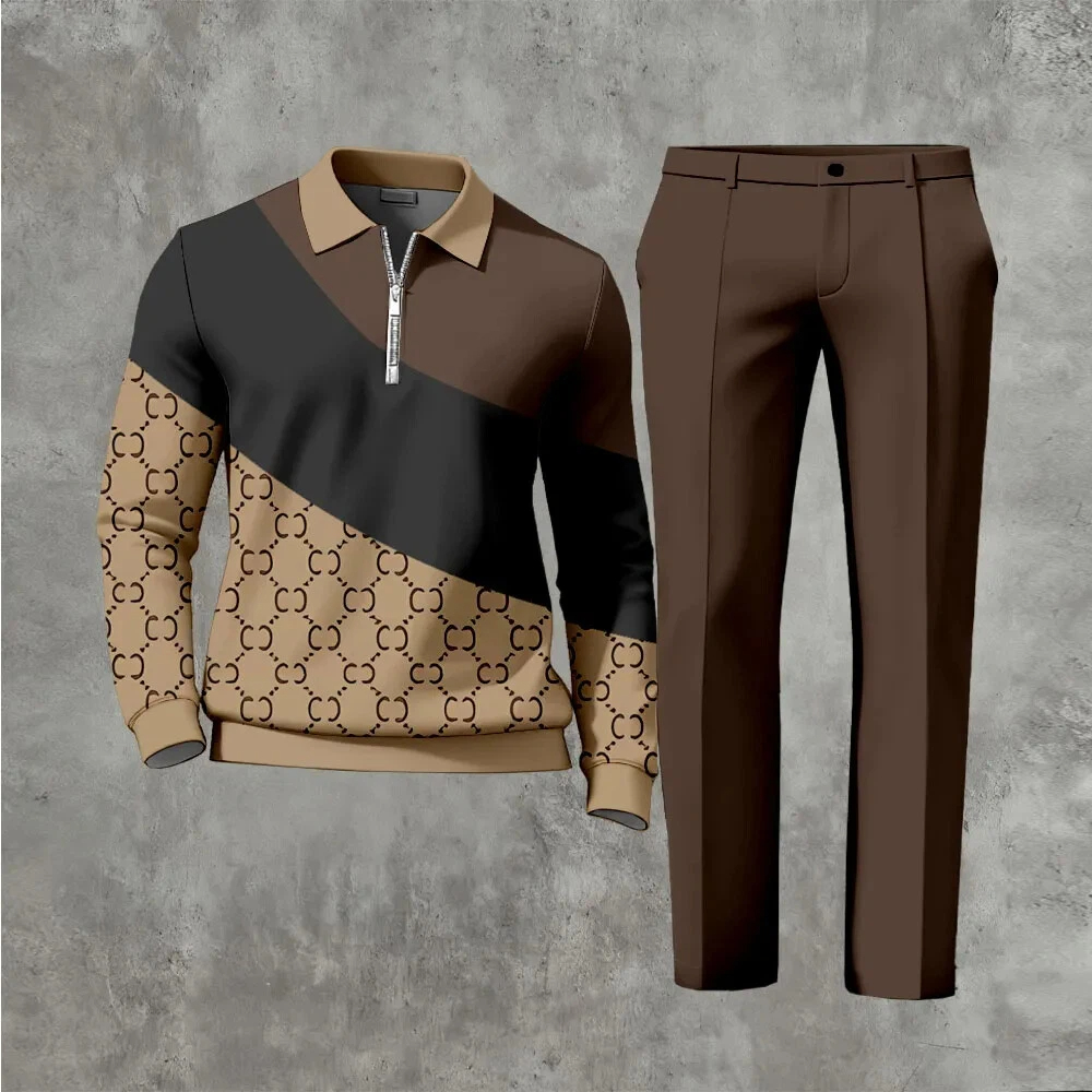 Men's Casual Color Matching Printed Polo-Collar Zipper Long Sleeved Trousers Two-Piece Set