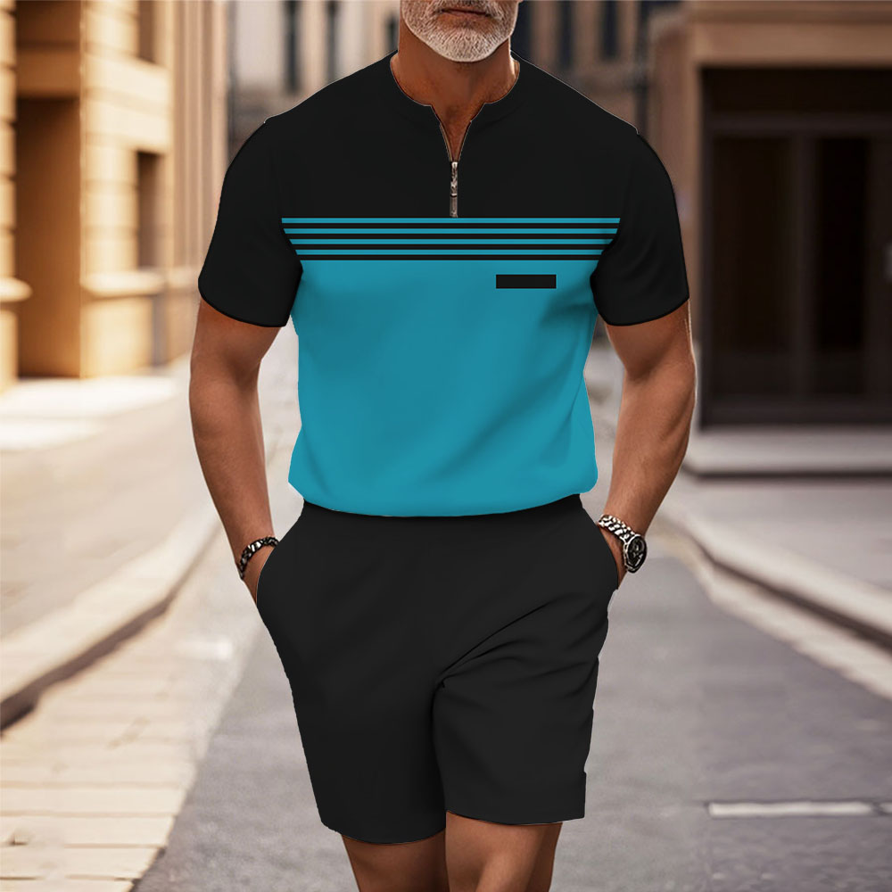 Men's Fashion Casual Round-Neck Geometric Printed Short-Sleeved Two-Piece Set