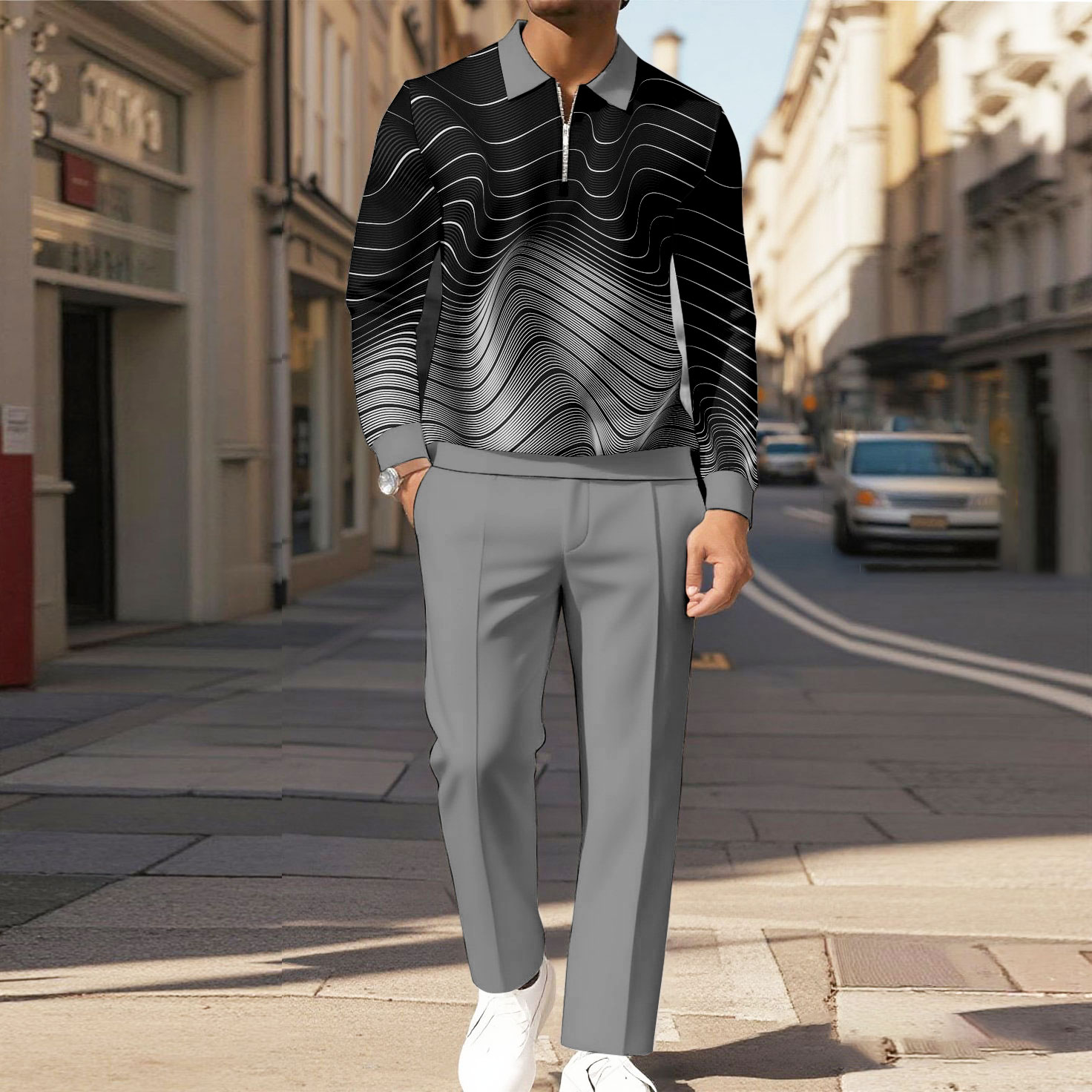 Men's Casual Color Matching Printed Polo-Collar Zipper Long Sleeved Trousers Two-Piece Set 9613