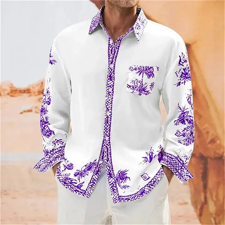 Men's Vintage Floral Pattern Pocket Long Sleeve Casual Shirt