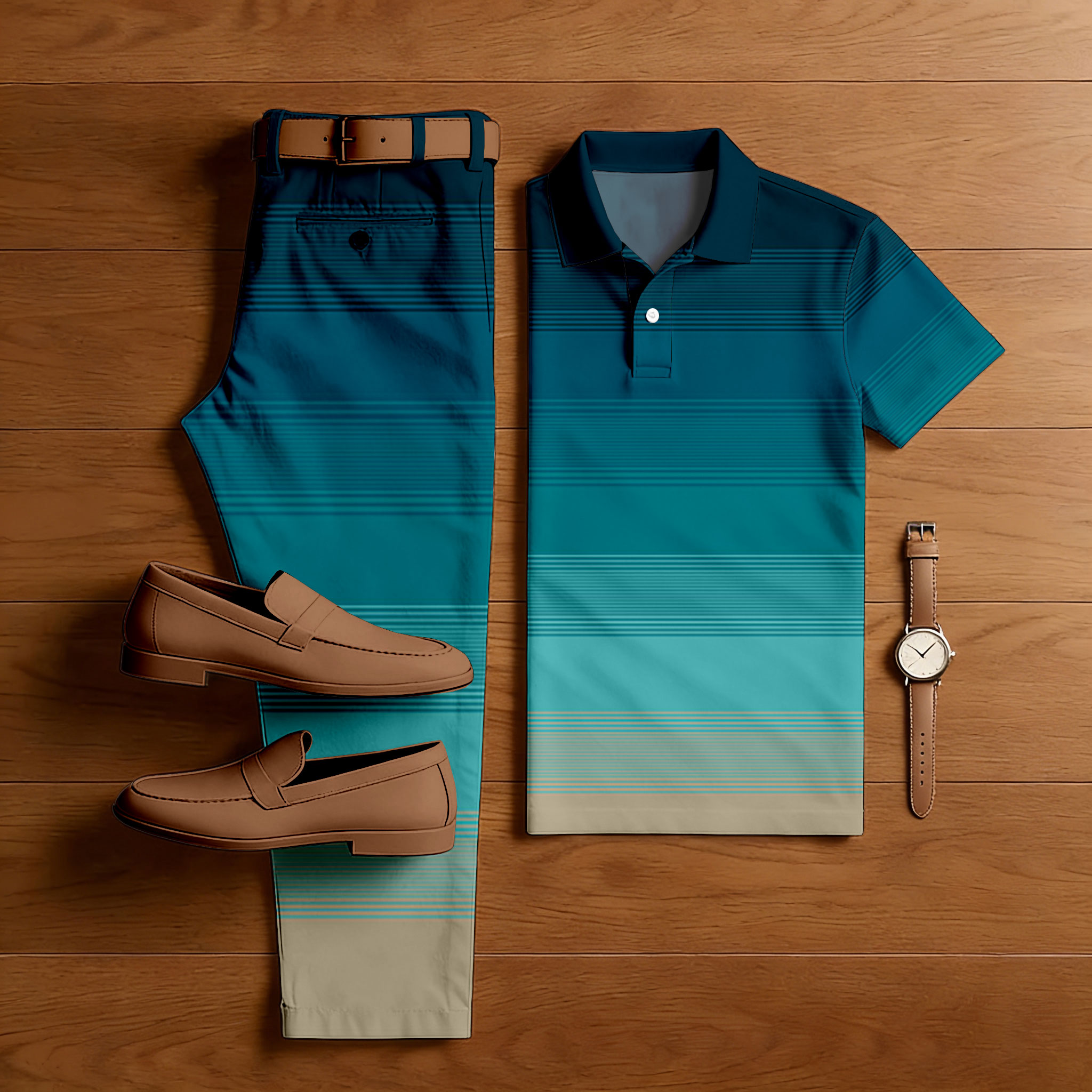 Men's Casual Green Gradient Color Matching Striped Printed Short Sleeved Polo Shirt & Trousers Two-Piece Set