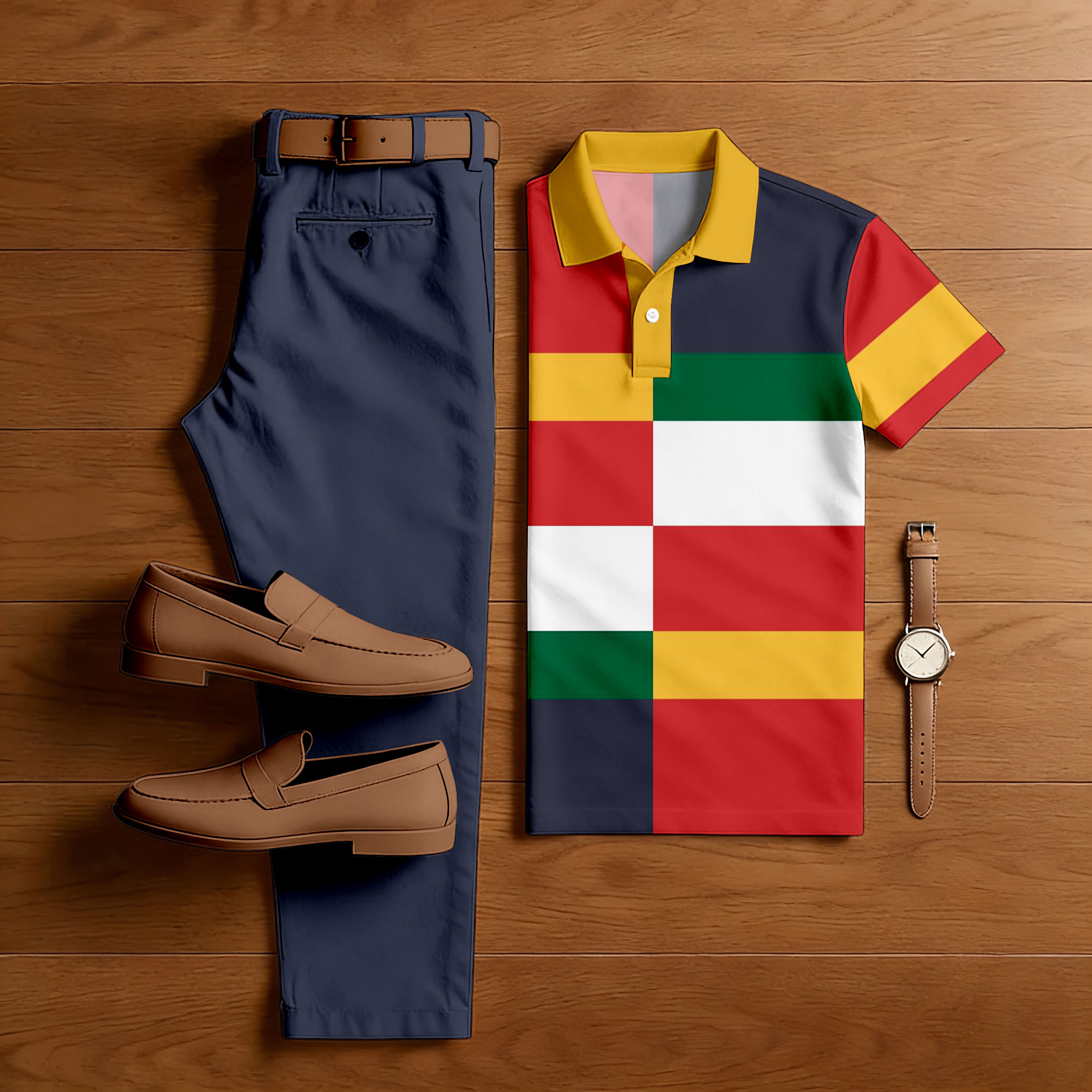 Men's Casual Navy Blue & Multi Color Matching Geometric Printed Short Sleeved Polo Shirt & Trousers Two-Piece Set