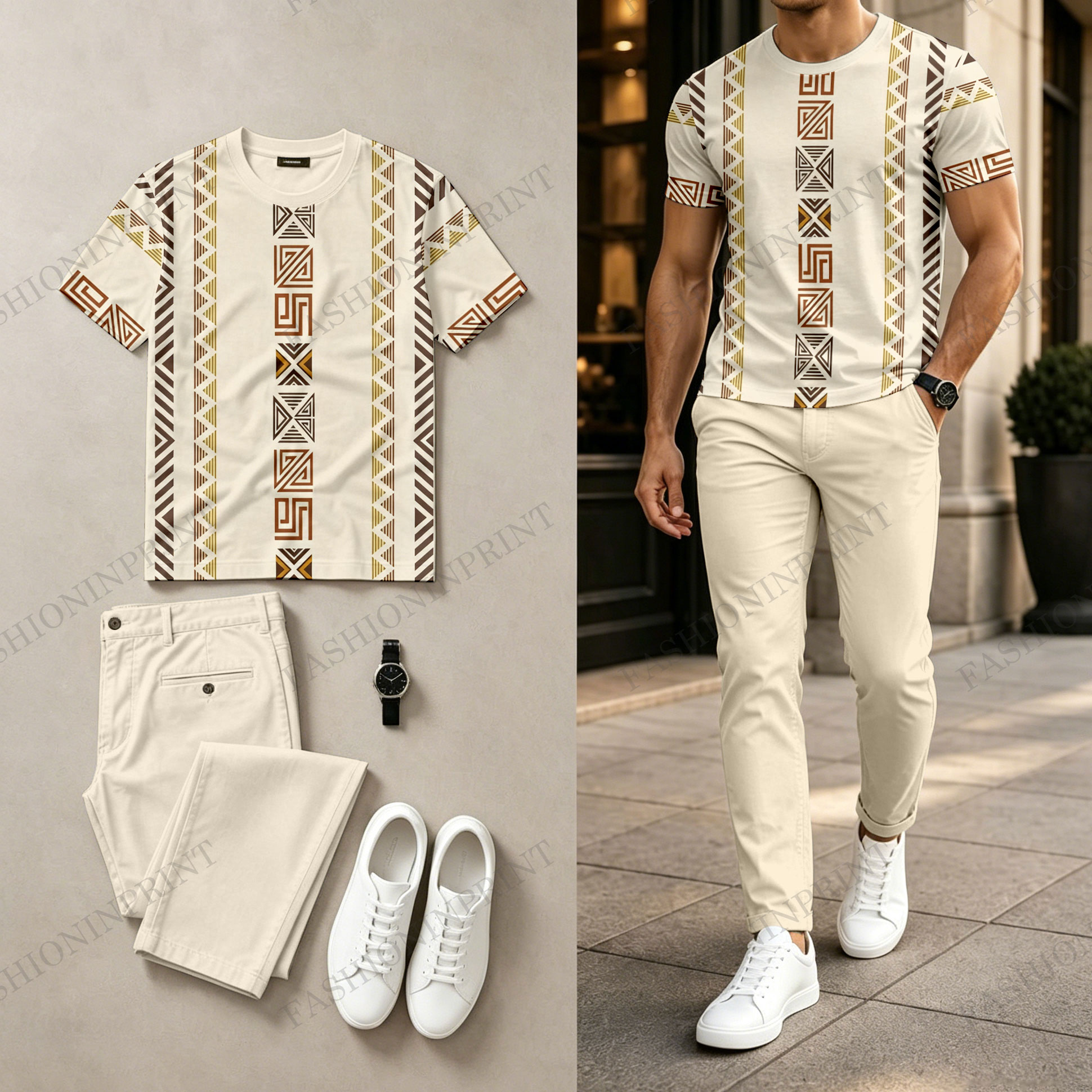 Men's Casual Geometric Print Round-Neck Short-Sleeve Top And Pants Two-Piece Set 207518
