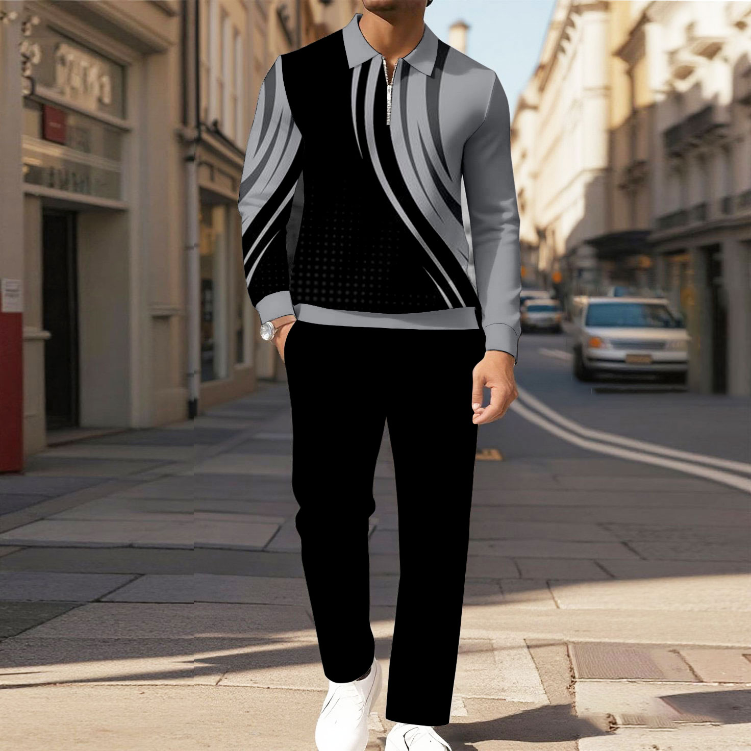 Men's Casual Color Matching Printed Polo-Collar Zipper Long Sleeved Trousers Two-Piece Set 9124