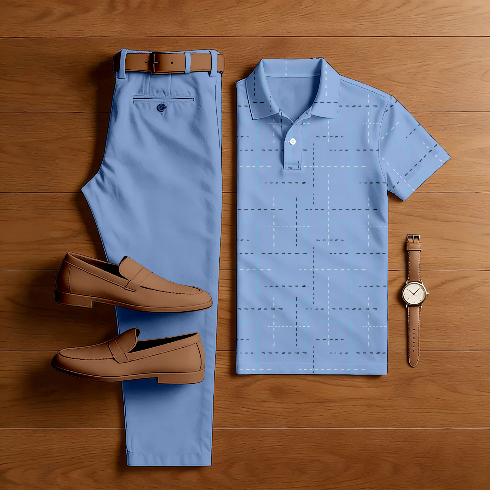 Men's Casual Blue Color Matching Checkered Printed Short Sleeved Polo Shirt & Trousers Two-Piece Set