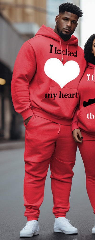 Couple Plus Size Casual Couple Wear Locked Heart Key Graffiti Hoodie Set