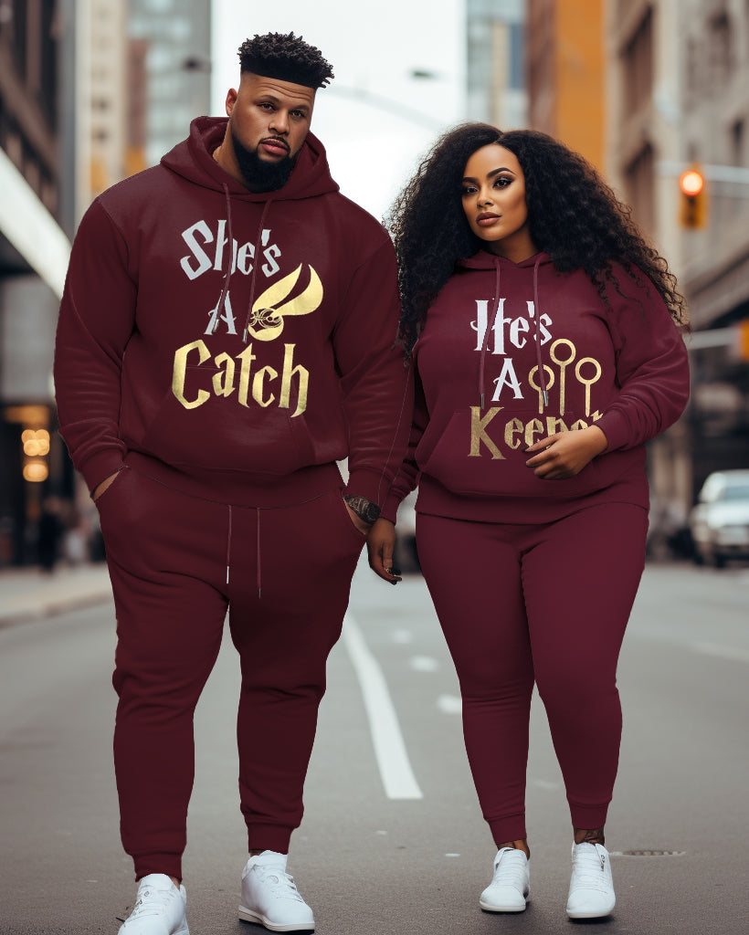 Couple Matching Big & Tall Casual Hoodie Set "She's a Catch-He's a Keep"