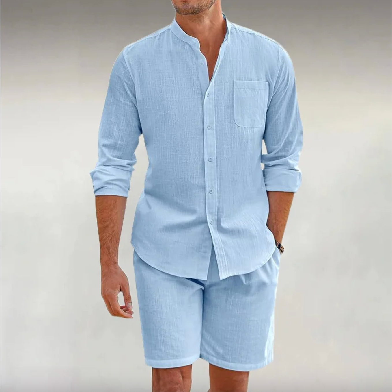 Men's Solid  Color Long Sleeves Shirt & Shorts Two Pieces Set