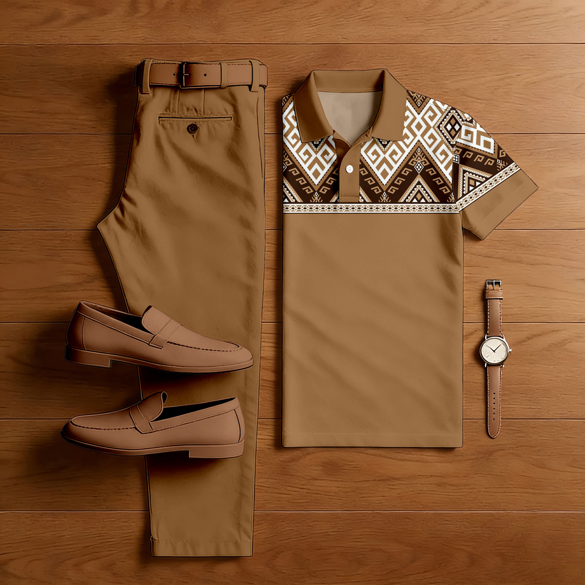 Men's Casual Brown Color Matching Ethnic Styled Printed Short Sleeved Polo Shirt & Trousers Two-Piece Set