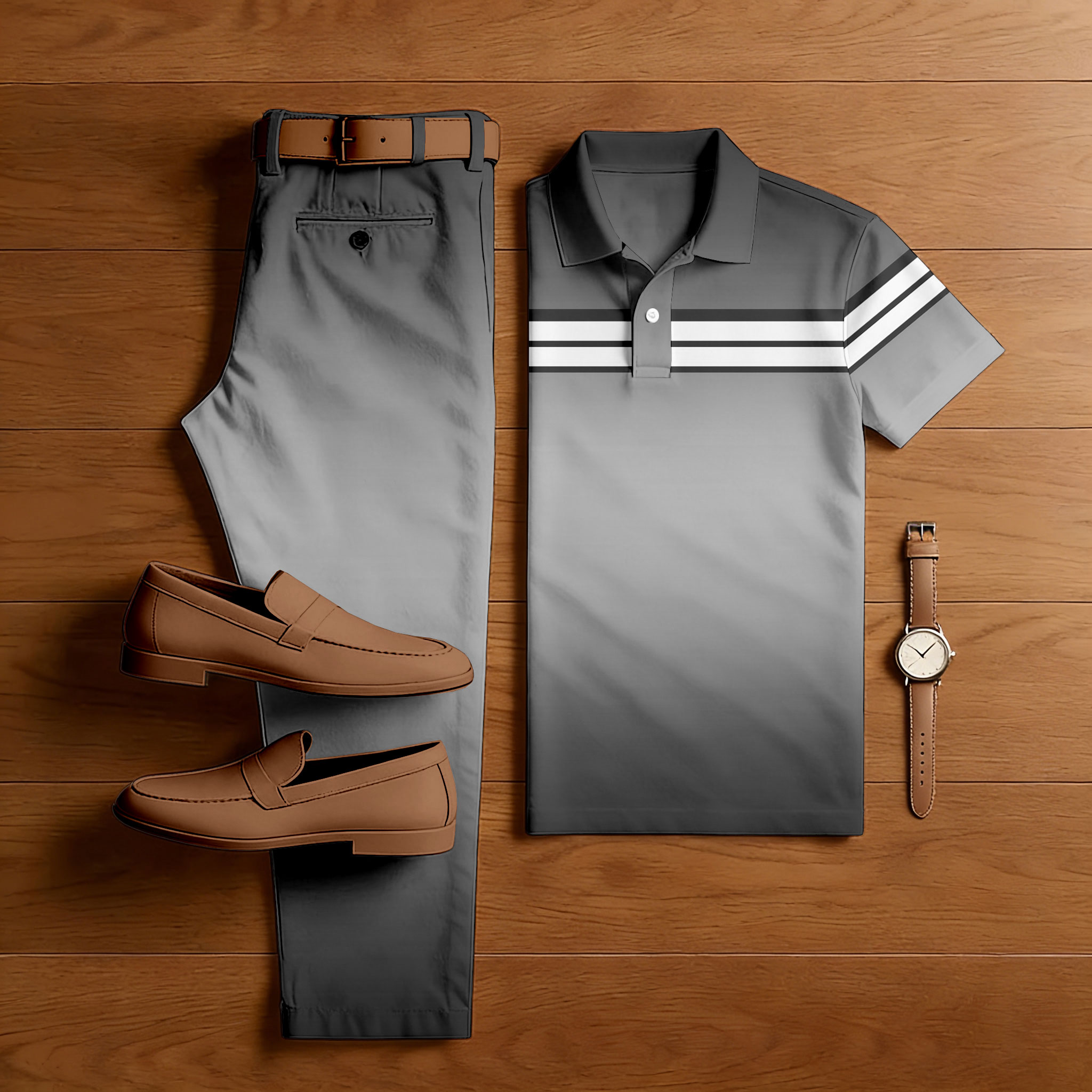 Men's Casual Gray & White Color Matching Gradient Printed Short Sleeved Polo Shirt & Trousers Two-Piece Set