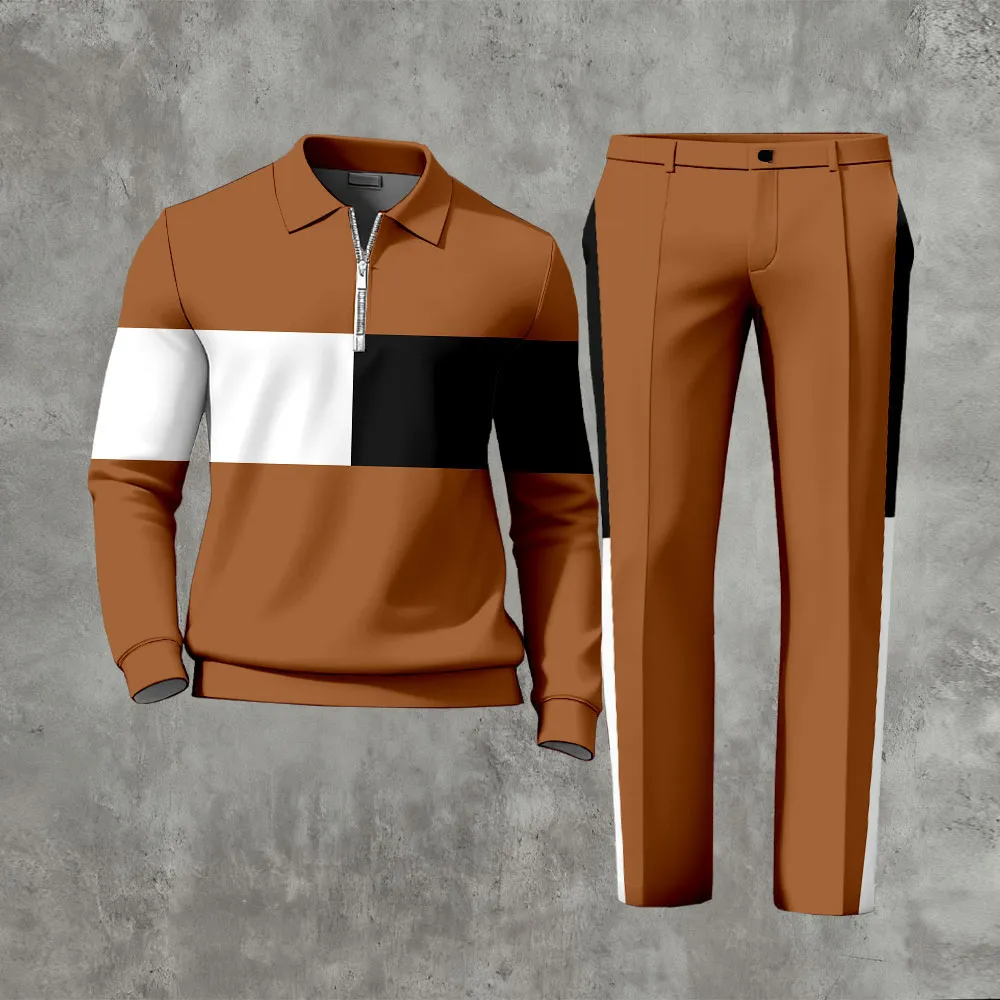 Men's Casual Color Matching Printed Polo-Collar Zipper Long Sleeved Trousers Two-Piece Set 1014