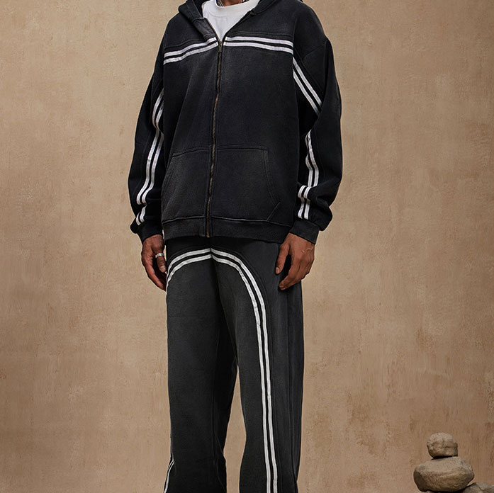 Men's Striped Printed Fleece-Lined Loose Casual Hoodie Jacket & Pants Two Piece Set