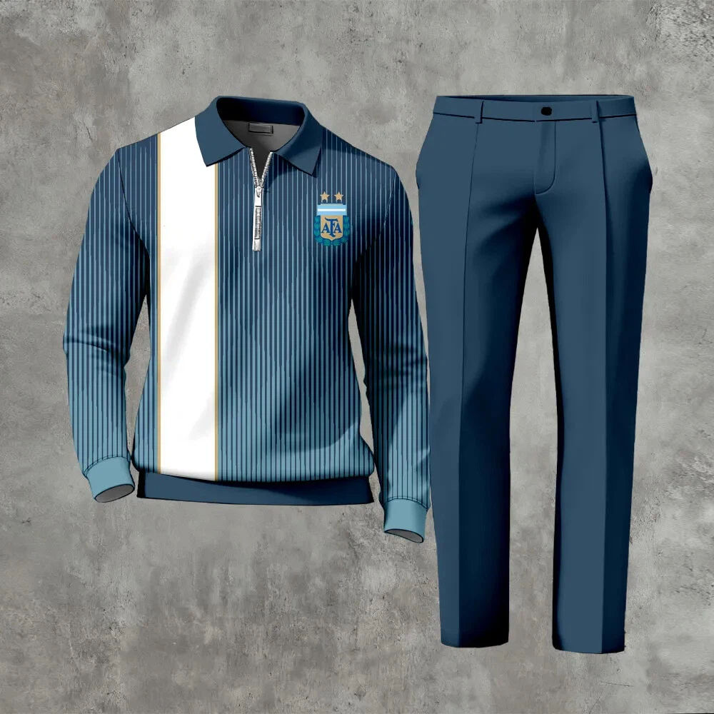 Men's Casual Color Matching Printed Polo-Collar Zipper Long Sleeved Trousers Two-Piece Set