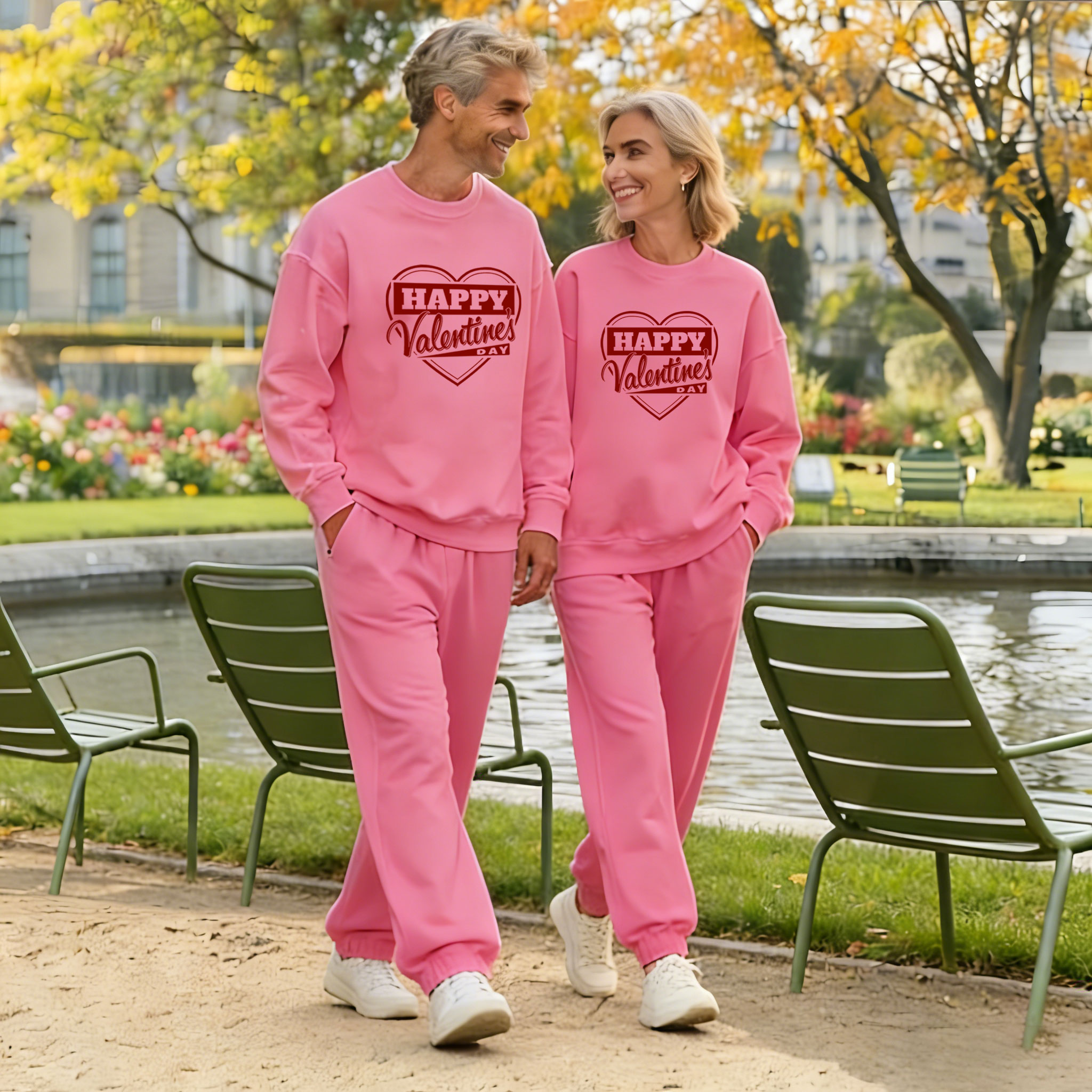 Valentine's Day Pink & Red Love Color Matching Long Sleeved Sweatshirt & Sweatpant Two-Piece Set
