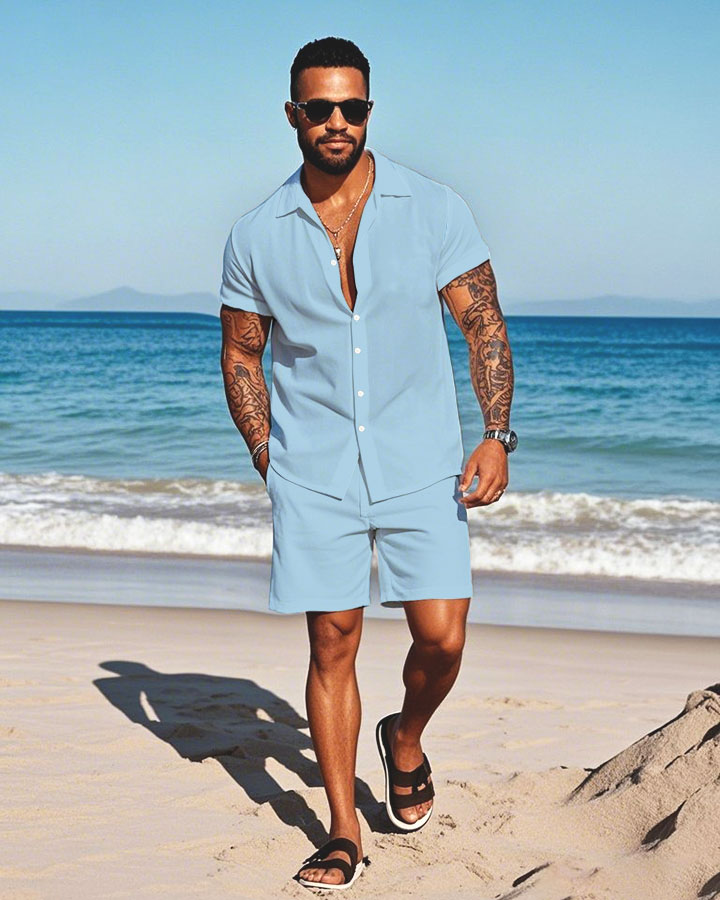 Men's Fashion Casual Lapel Collar Solid Color Short-Sleeved Two-Piece Set