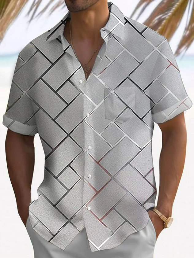 FIP  Retro Geometric 3D Tech Print Men's Button Pocket Short Sleeve Shirt