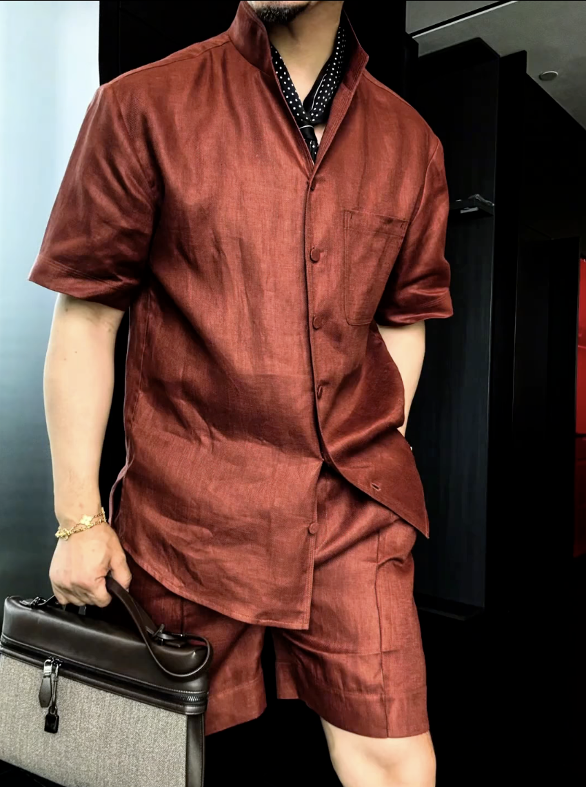 Men's Summer Linen Mandarin Collar Blazer & Shorts Set