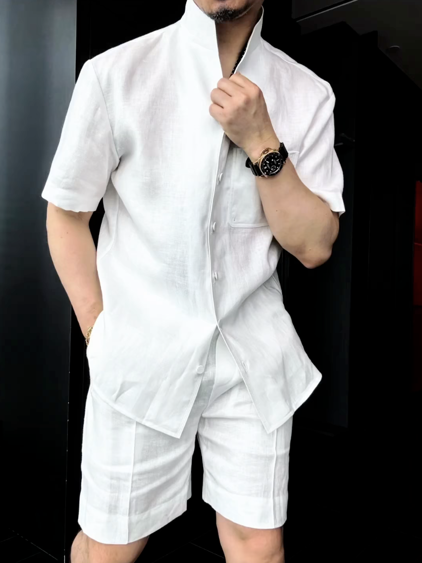 Men's Summer Linen Mandarin Collar Blazer & Shorts Set