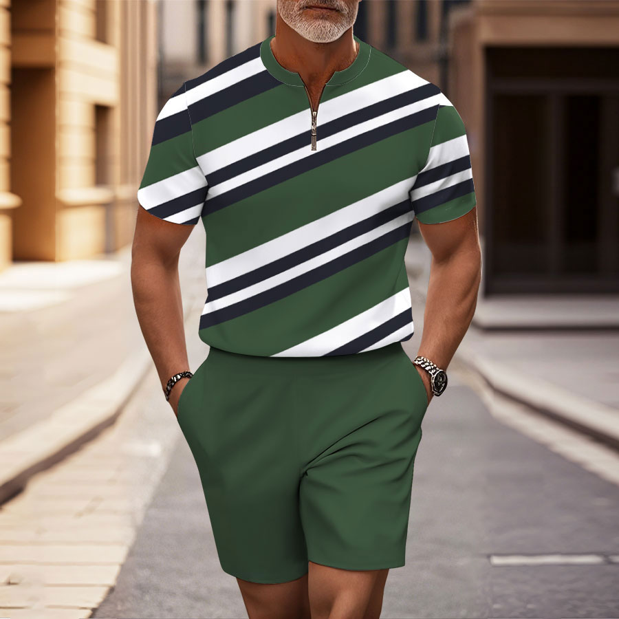 Men's Fashion Casual Round-Neck Geometric Printed Short-Sleeved Two-Piece Set