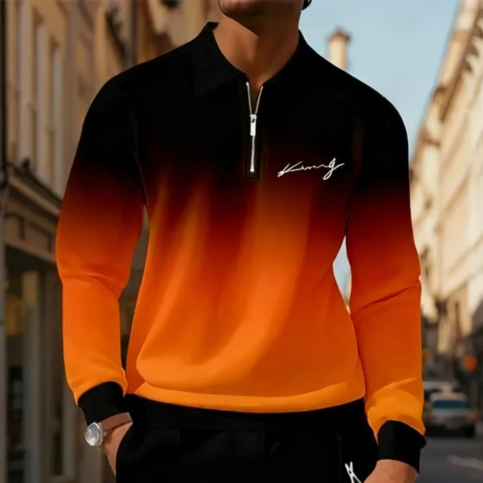 Men's Casual Color-Blocked Long-Sleeve Polo Shirt and Trousers Set