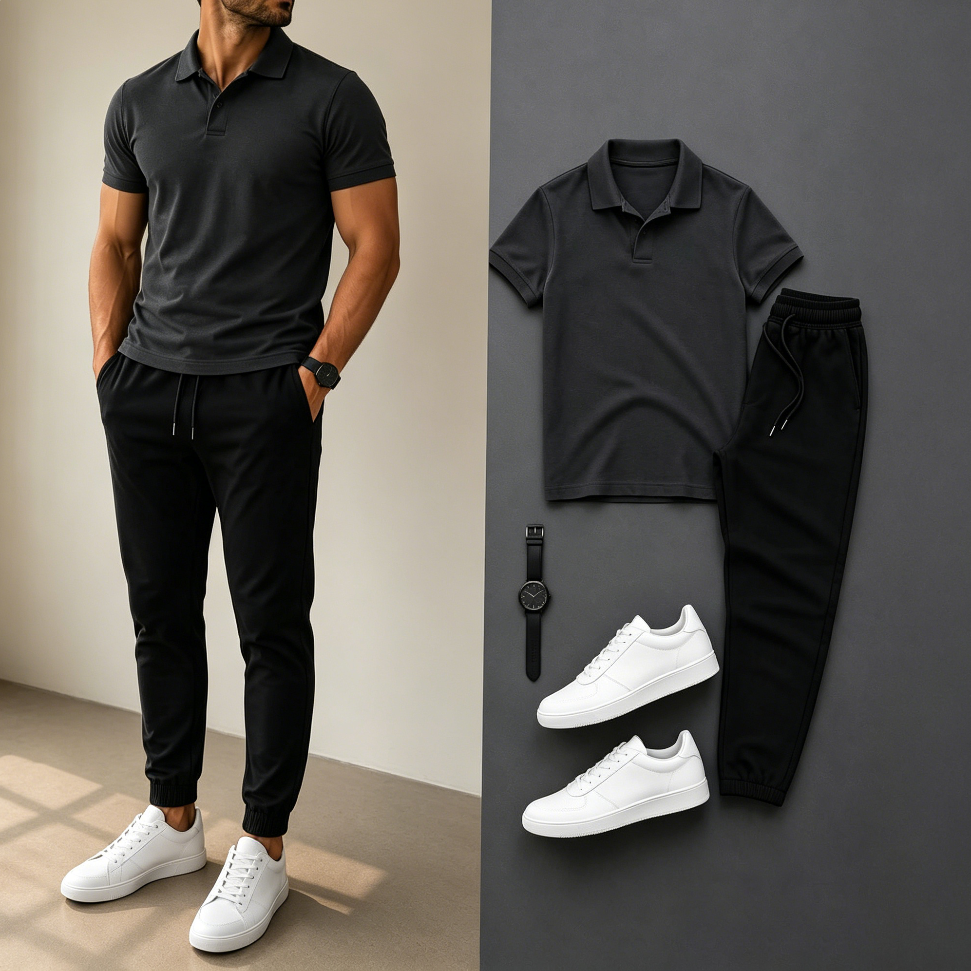 Men's Casual Short Sleeve Polo Shirt And Sweat Pants Two-Piece Set (Accessories not included)