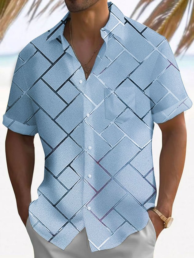FIP  Retro Geometric 3D Tech Print Men's Button Pocket Short Sleeve Shirt