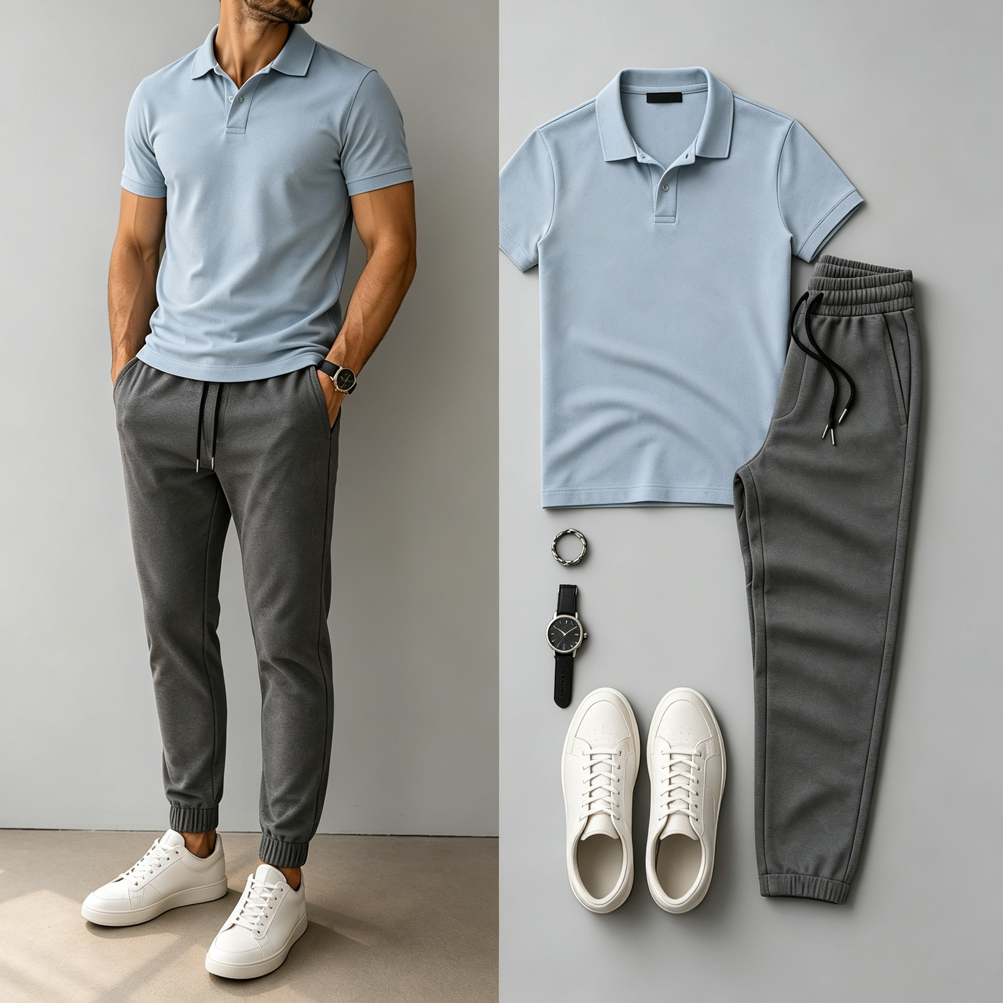 Men's Casual Short Sleeve Polo Shirt And SweatPants Two-Piece Set (Accessories not included)