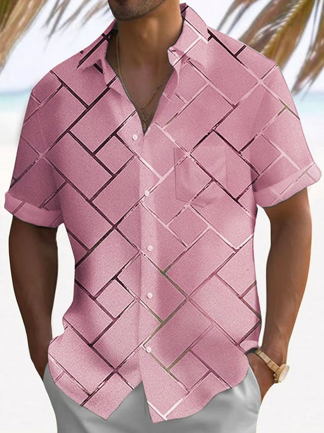 FIP  Retro Geometric 3D Tech Print Men's Button Pocket Short Sleeve Shirt
