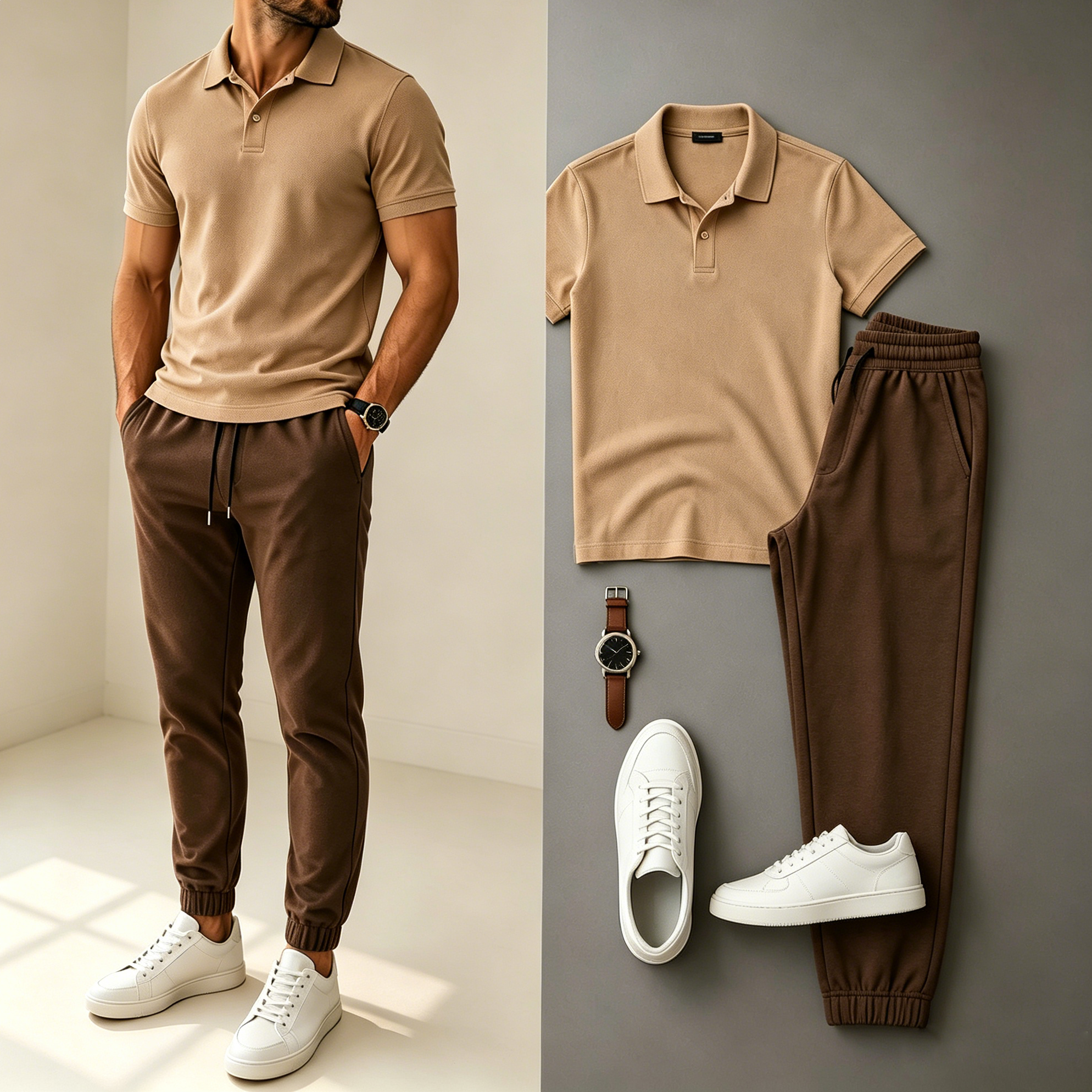 Men's Casual Short Sleeve Polo Shirt And SweatPants Two-Piece Set (Accessories not included)