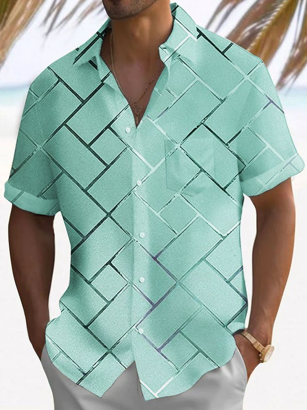 FIP  Retro Geometric 3D Tech Print Men's Button Pocket Short Sleeve Shirt