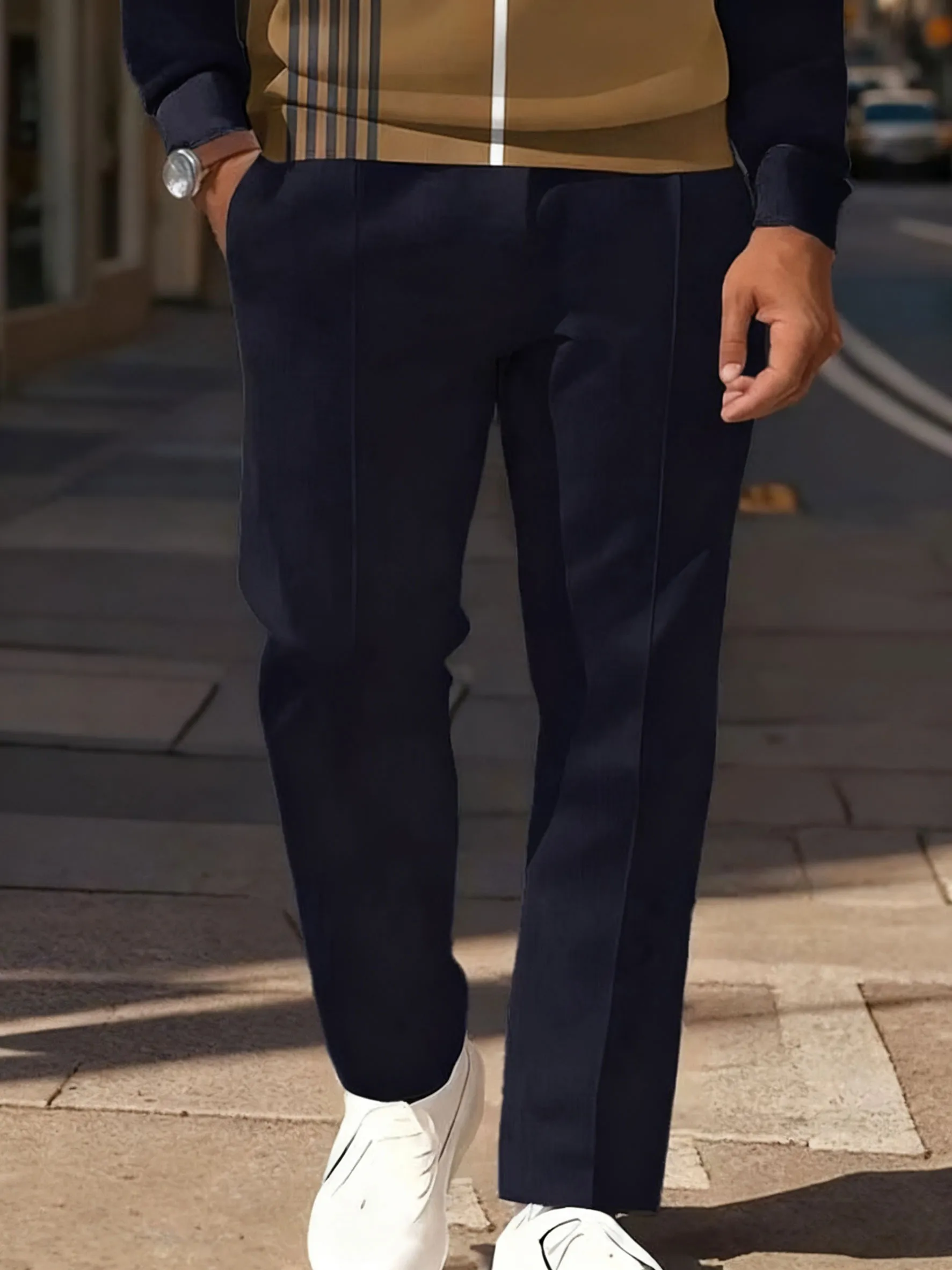 Men's Blue And Brown Stripe Printed POLO Long Sleeve Trousers Two-Piece Set