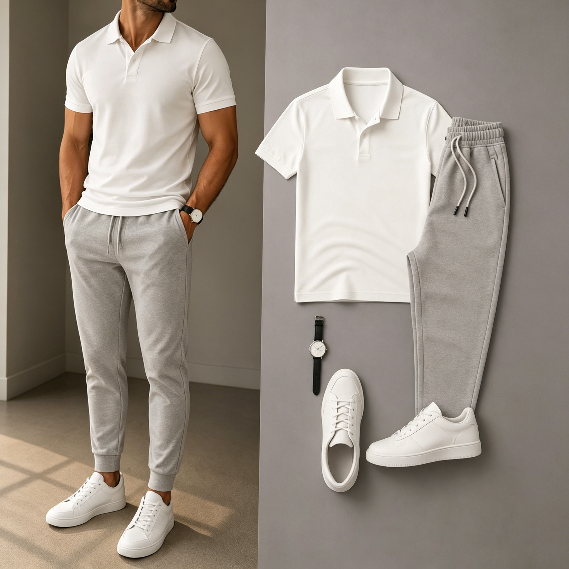 Men's Casual Short Sleeve Polo Shirt And SweatPants Two-Piece Set (Accessories not included)