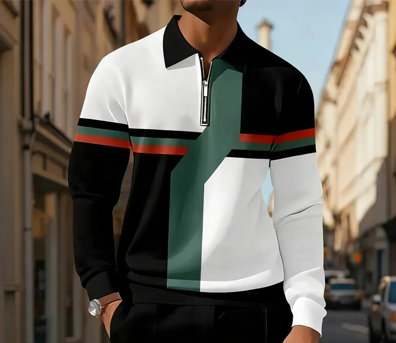 Men's Casual Colorblock Long Sleeve Zip-Up Polo Shirt and Pant Set