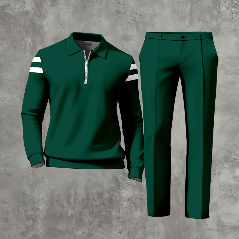 Men's Casual Color Matching Printed Polo-Collar Zipper Long Sleeved Trousers Two-Piece Set