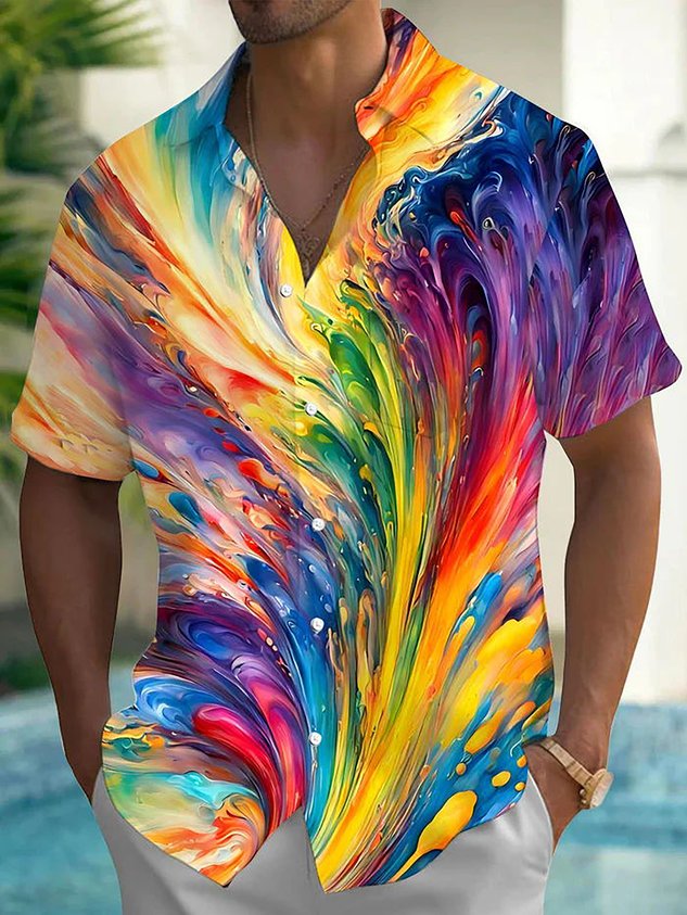 FIP Vintage Gradient Art Print Men's Pride Month Button Pocket Hawaiian Shirt Big Tall