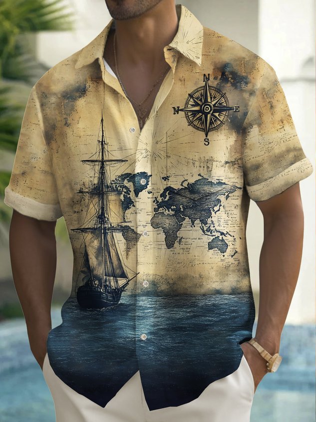 FIP Beach Resort Men's Hawaiian Shirt Nautical Sailing Ship Print Pocket Short Sleeve Shirt Big Tall