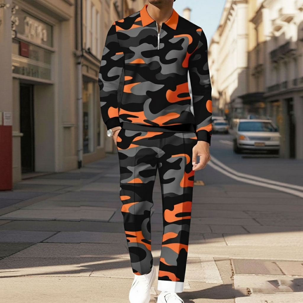 Men's Casual Color Matching Printed Polo-Collar Zipper Long Sleeved Trousers Two-Piece Set