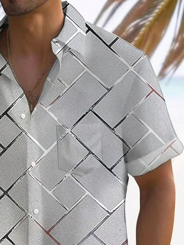 FIP  Retro Geometric 3D Tech Print Men's Button Pocket Short Sleeve Shirt